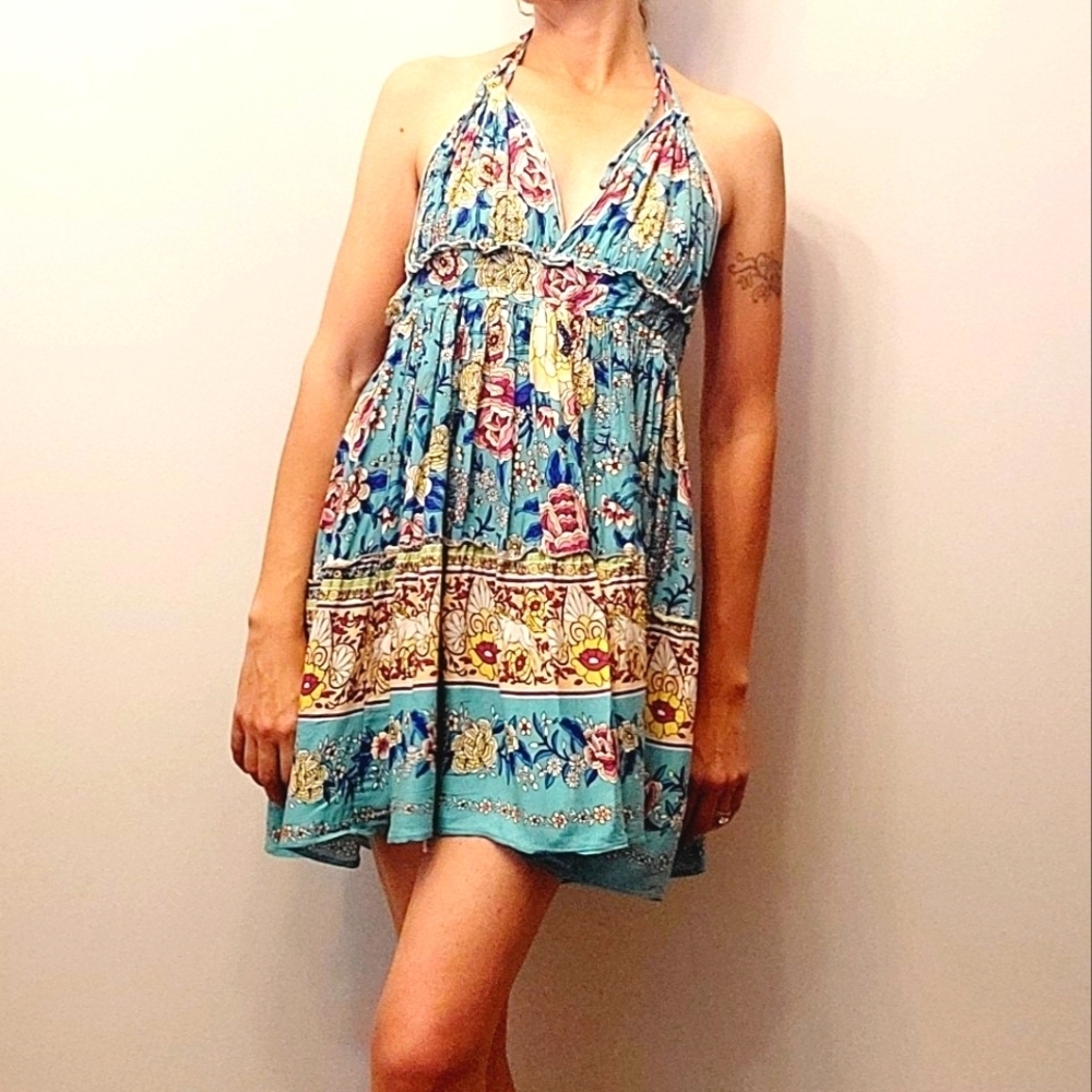 Floral Horse Print Adjustable Halter Dress Size Small